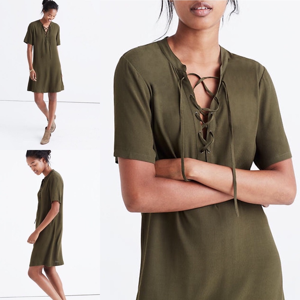 Madewell Novella Lace-Up Green Dress XXS
